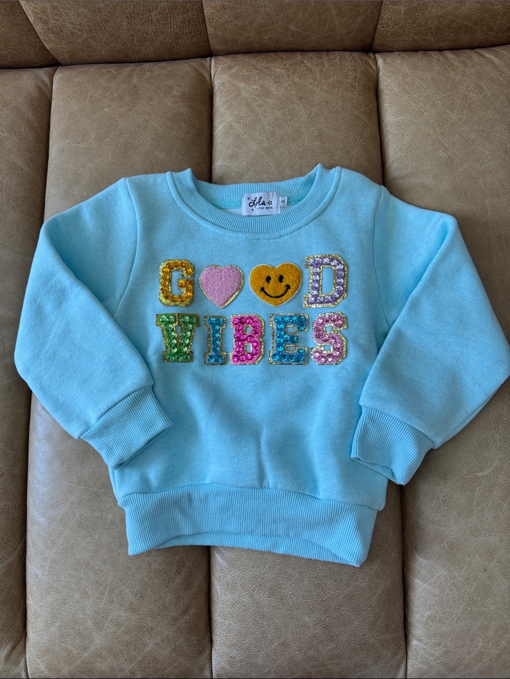 Lola + The Boys - Good Vibes Sequin Accent Light Blue Kids Sweatshirt - 2T
